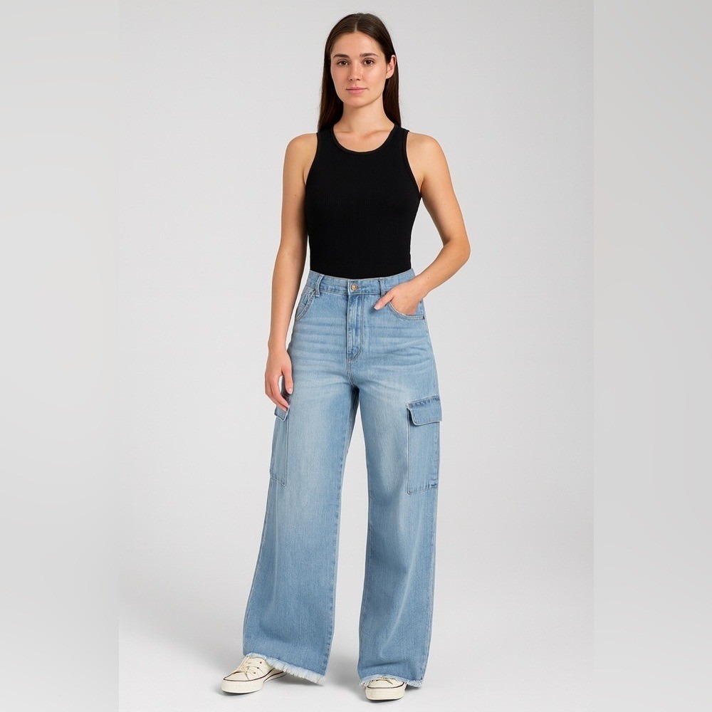 Fashion Nova Light Blue Wide Leg Cargo Jeans Raw Hem Size 14